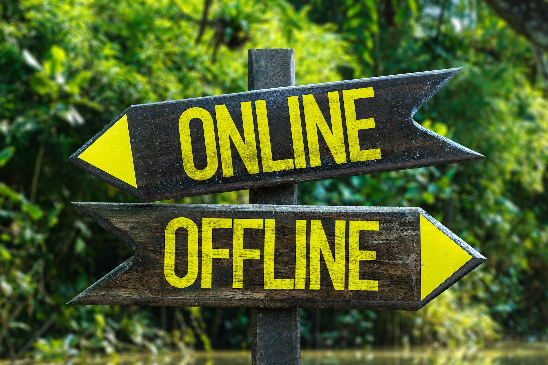 Online,-,Offline,Internet,Signpost,With,Forest,Background