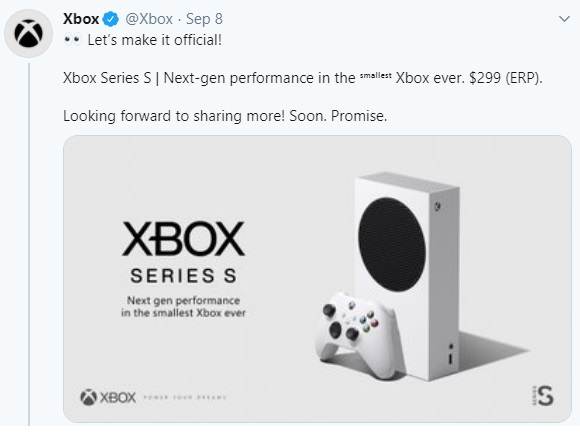 Twitter com o anúncio do Xbox Series S