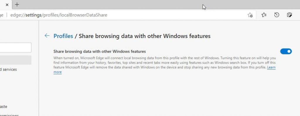 Microsoft Edge - Função para compartilhar dados de navegação
