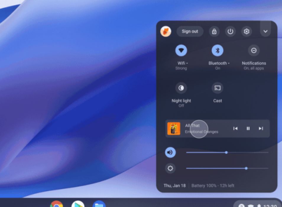 Barra de acesso rápido com controle de reprodução - Chrome OS
