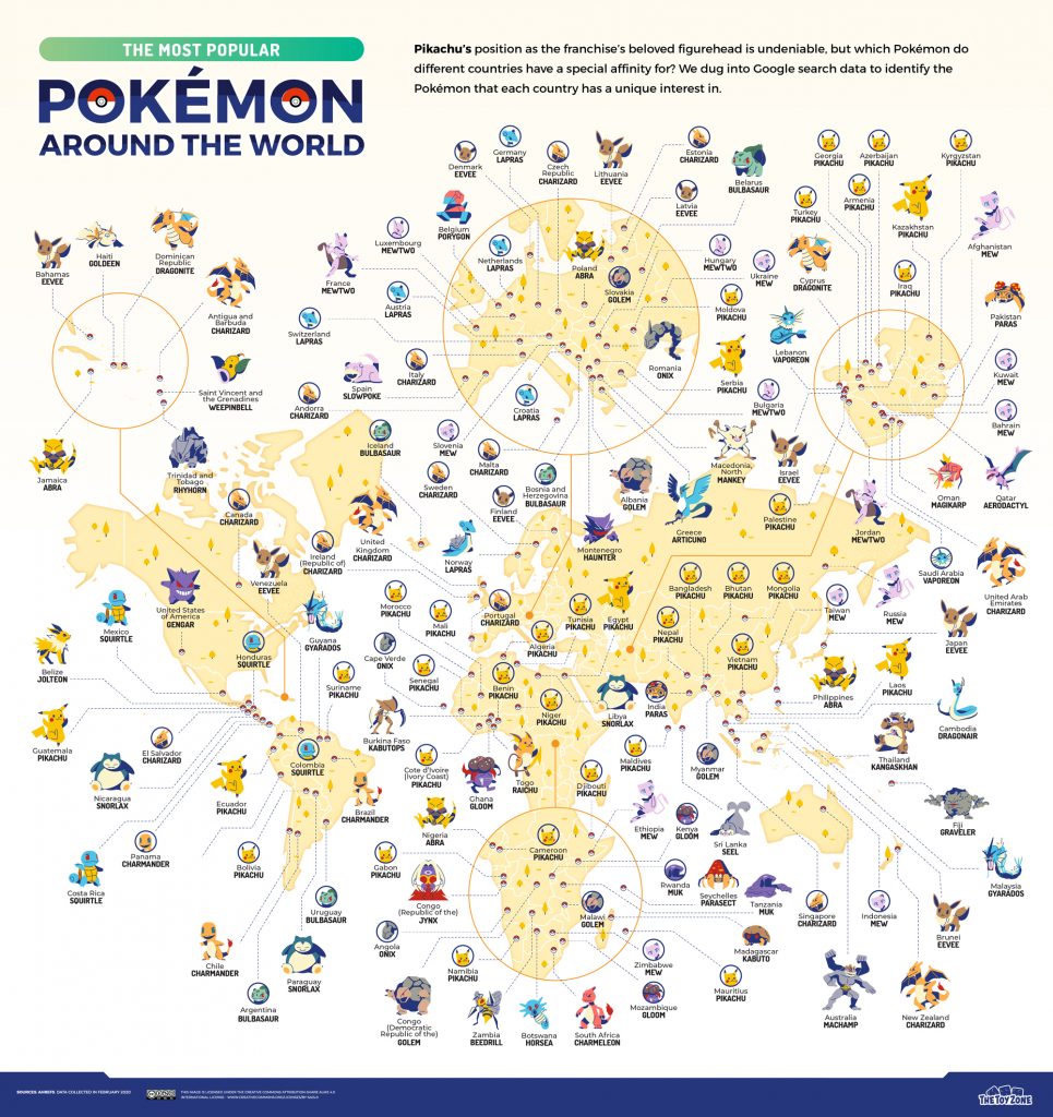 Mapa com o Pokémon mais popular de cada país