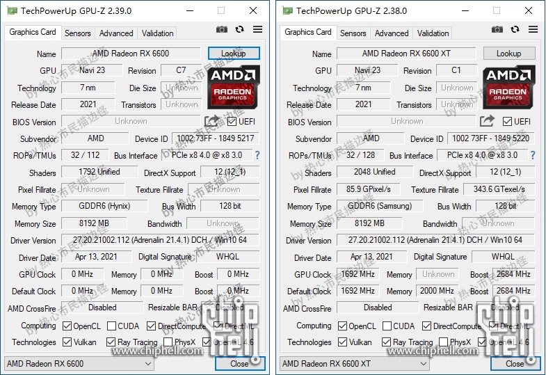 AMD RX 6600 e 6600 XT no GPU-Z
