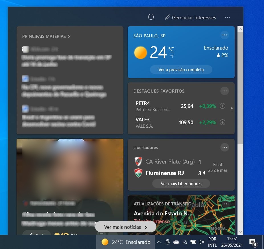 Barra de interesses e notícias do Windows 10