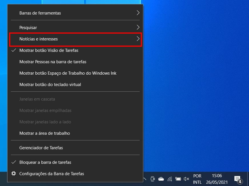 Como remover a barra de notícias e interesses do Windows 10 - Passo 1