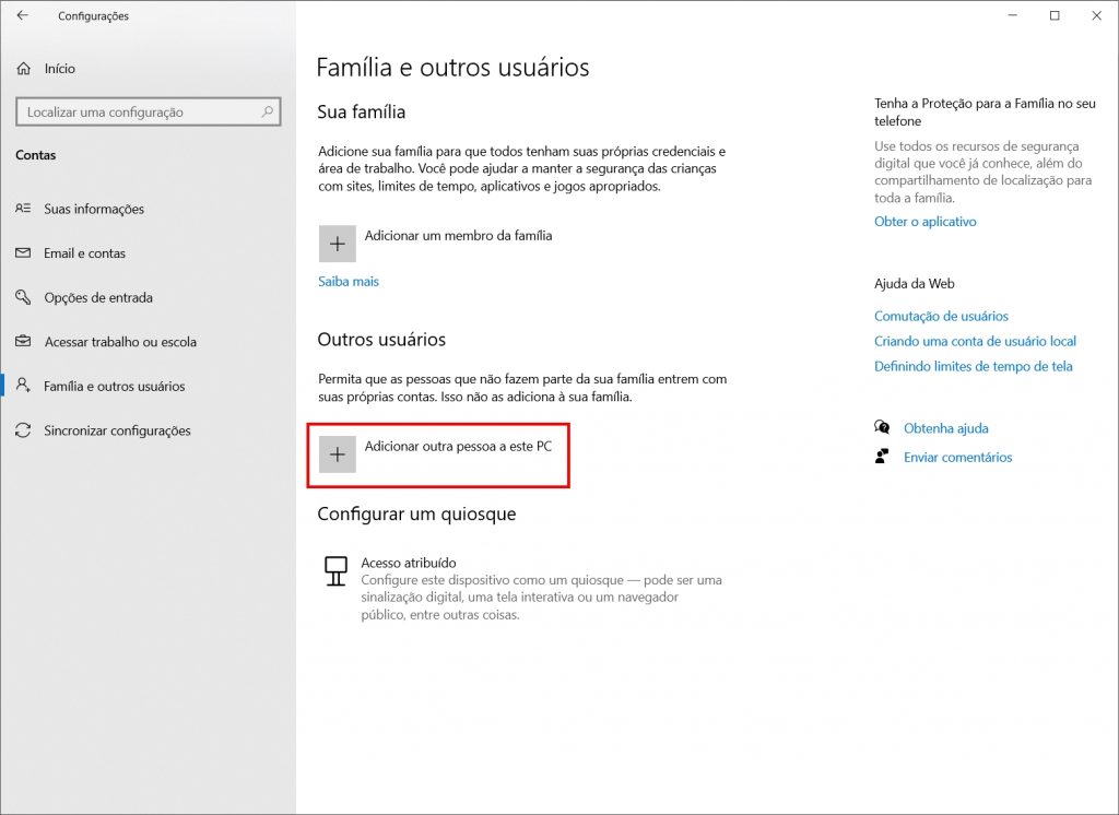 Como adicionar usuários no Windows 10 - Passo 3