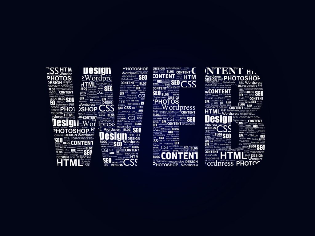 Ilustração da palavra "web" formada por diversas ferramentas auxiliares