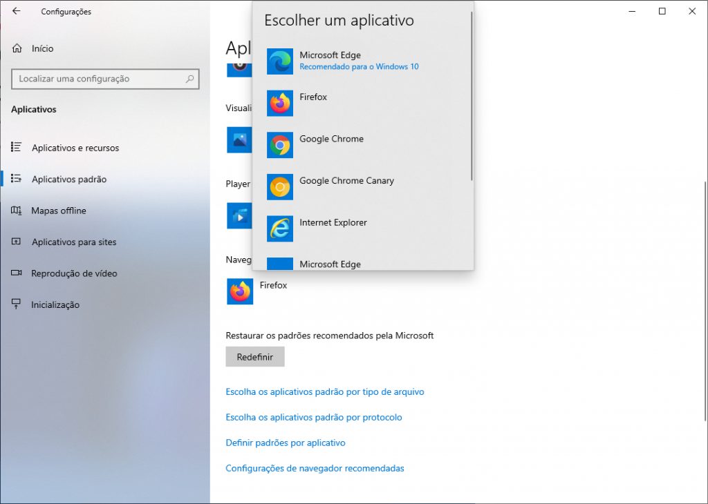 Windows 10 - trocar navegador padrão