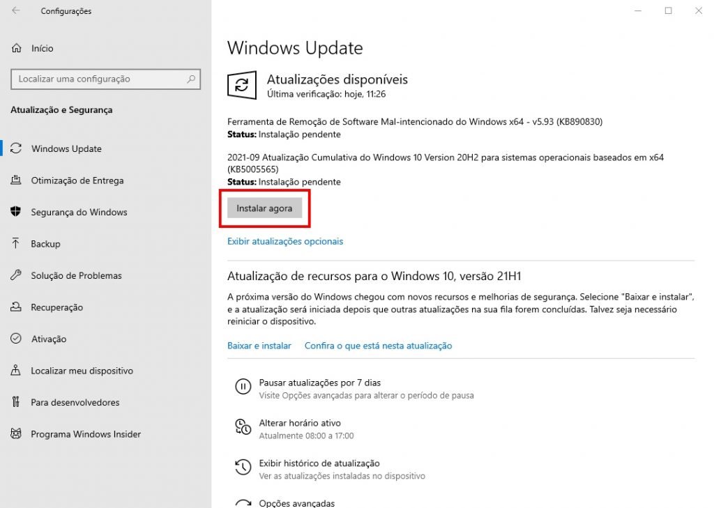 Como instalar a atualização KB5005565  no Windows 10 - Passo 2