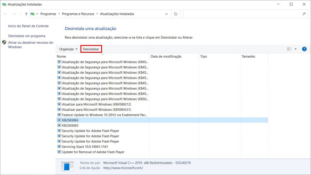 Como remover as atualizações KB5005565 e KB5005566 do Windows 10 - Passo 4
