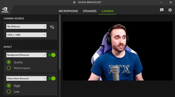 Configurações de webcam do Nvidia Broadcast