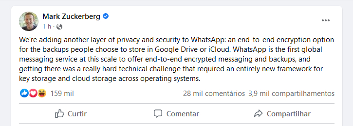 Publicação WhatsApp - Mark Zuckberg