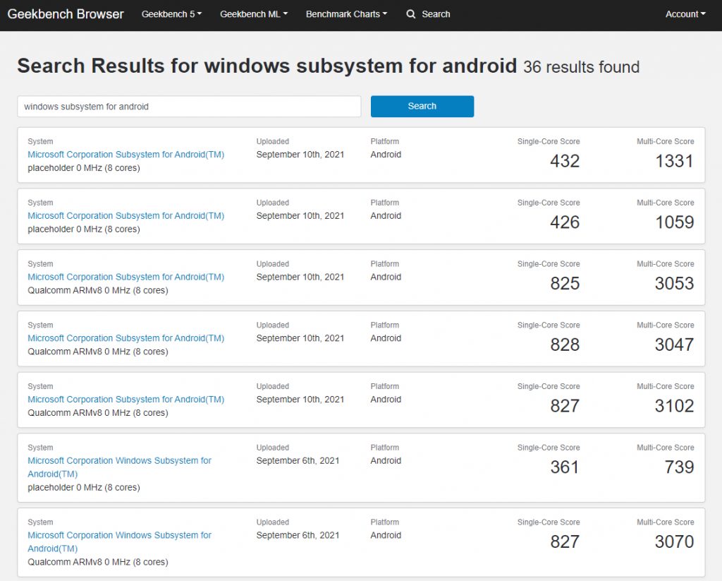 Resultado de teste de benchmarking do Android - Windows 11