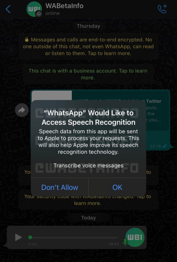 WhatsApp - Permissão para transcrição de mensagens de voz
