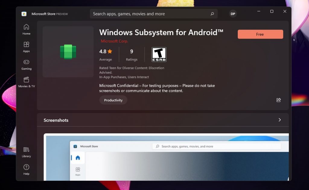 Subsistema Android na loja do Windows 11