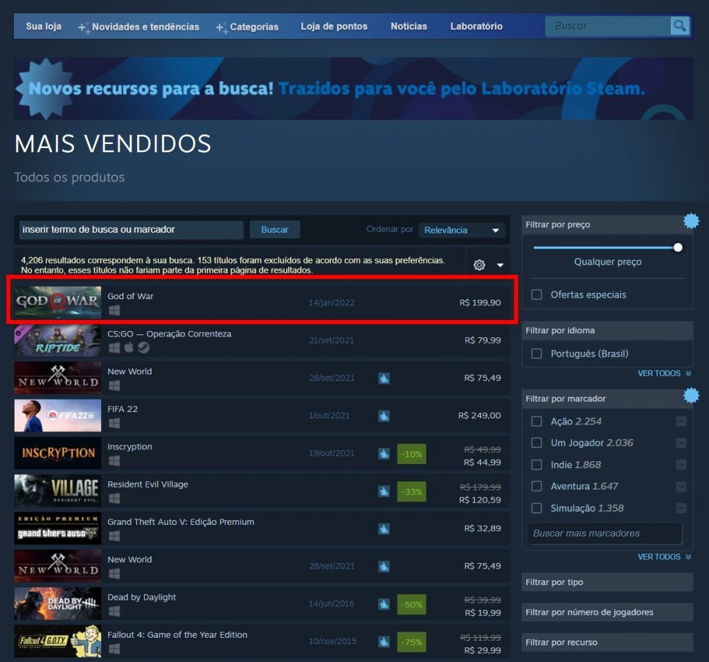 God of War - jogo mais vendido da Steam