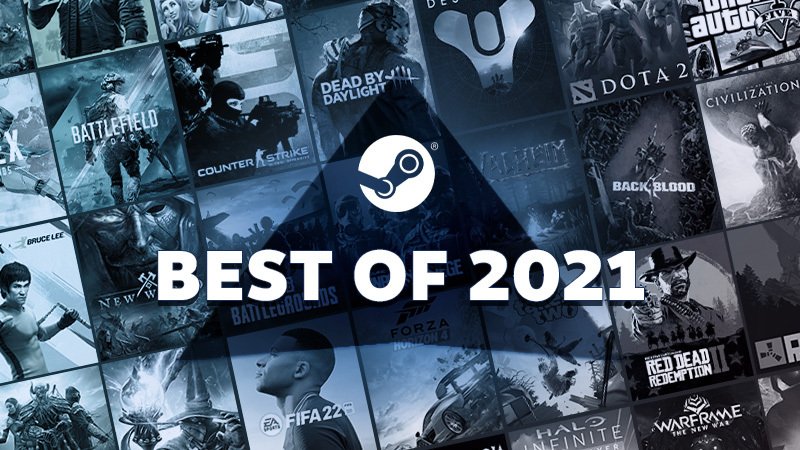 Ao fundo há a capa de diversos jogos da Steam, à frente está o logotipo da steam acompanhado do texto "Best of 2021" que, em tradução significa "Melhores de 2021"