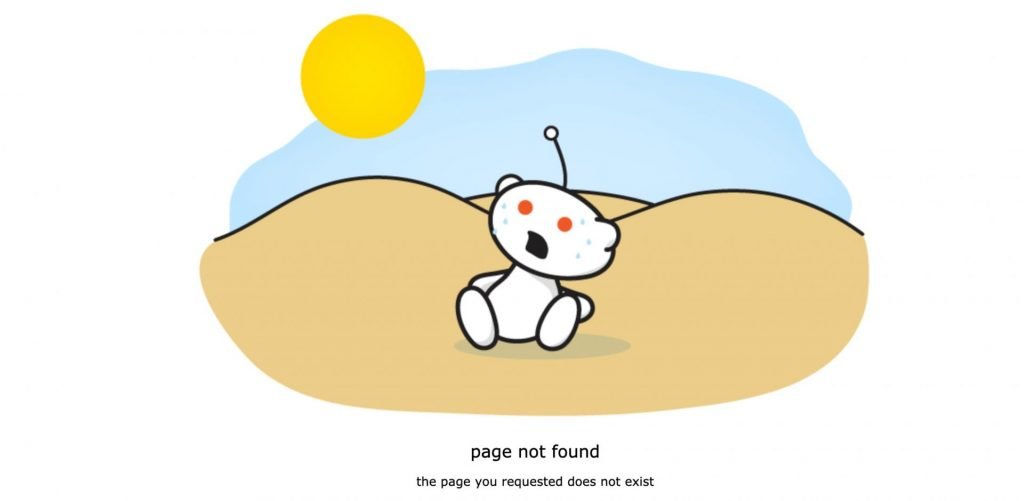 Imagem da página de erro do site Reddit, com o desenho do robô ícone da página perdido em um deserto