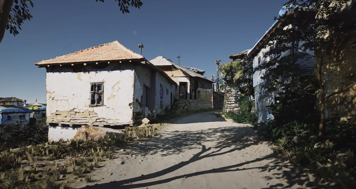 Imagem mostra detalhes de uma casa e uma estrada em um cenário virtual super-realista criado utilizando Unreal Engine 5
