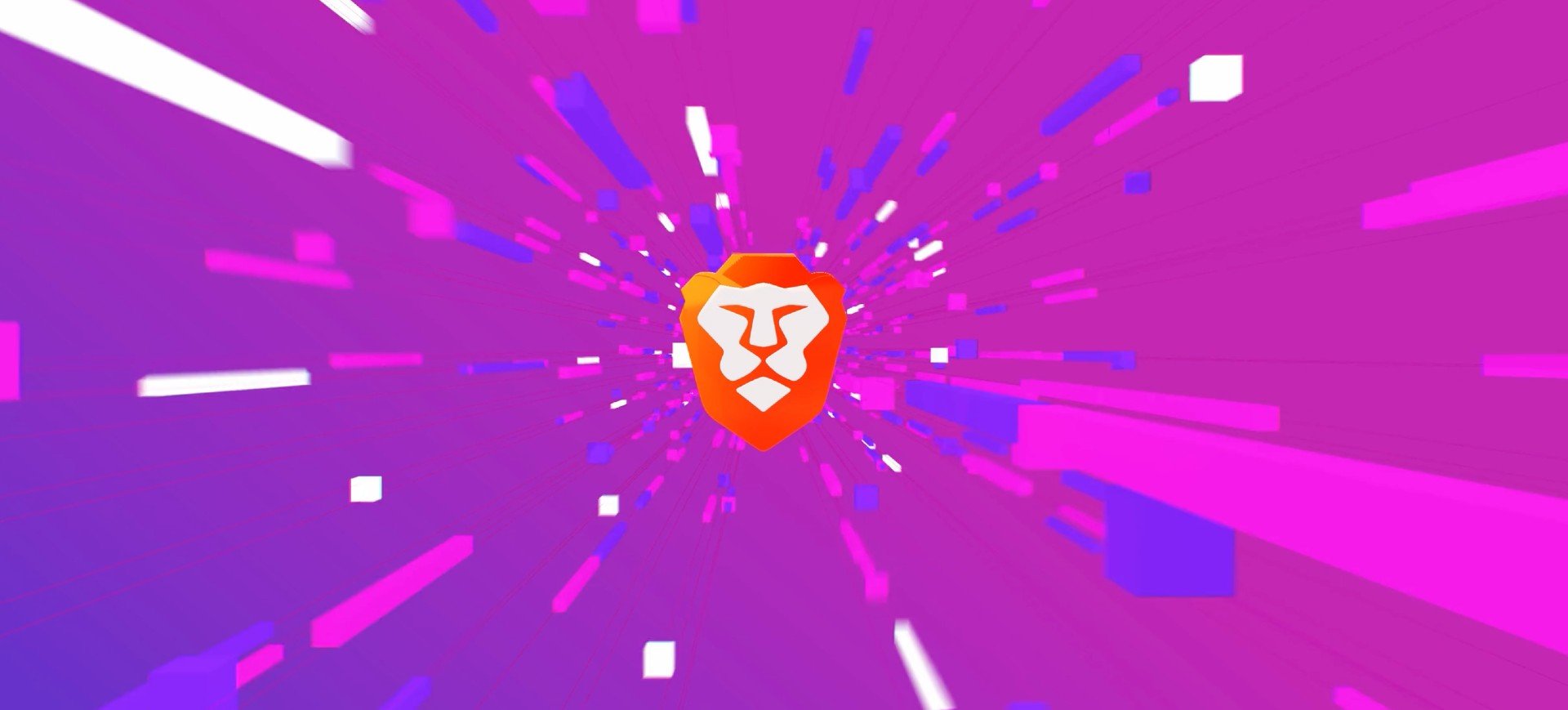 Imagem com fundo degradê de rosa e roxo, ao centro um leão laranja, que é o logotipo do navegador Brave
