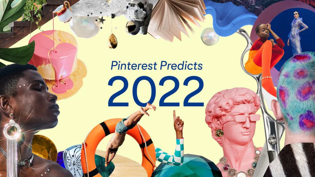 Ao centro, é possível ler o texto: Pinterest Predicts 2022, que é rodeado por figuras como um livro aberto, um bolo com cobertura colorida e outros itens que ilustram as tendências da rede social para 2022