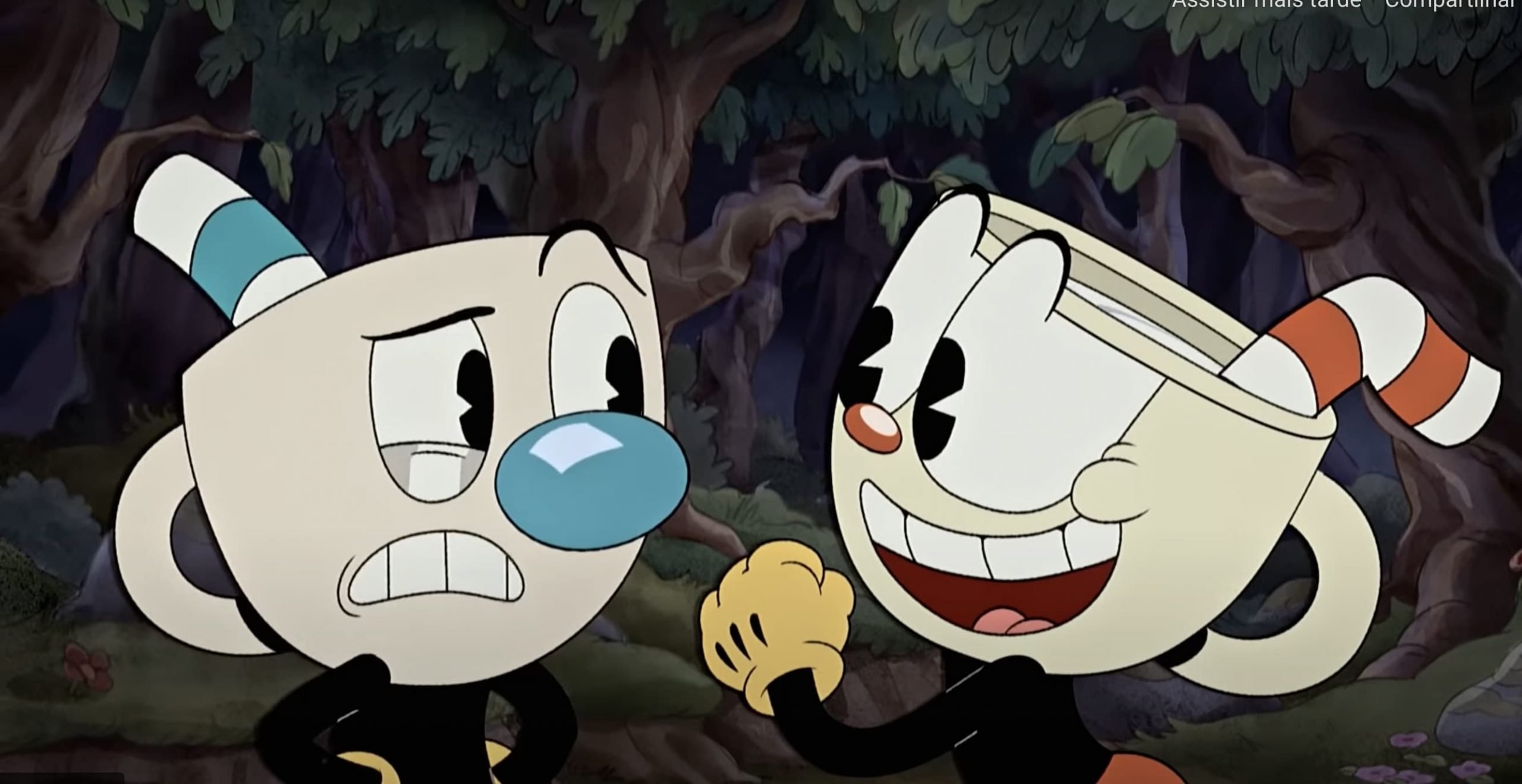 Imagem mostra os personagens Cuphead (à direita) e Mugman (à esquerda), protagonistas da série The Cuphead Show, que estreia na Netflix