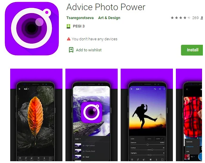 Advice Photo Power - app falso na Play Store