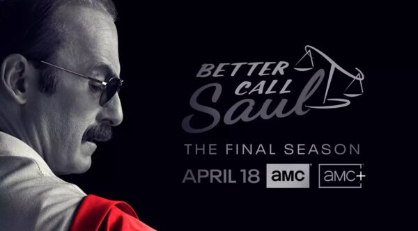 Pôster da série Better Call Saul, que mostra em um fundo preto o ator Bob Odenkirk de perfil, na pele de Saul Goodman, em preto e branco vestindo um paletó vermelho