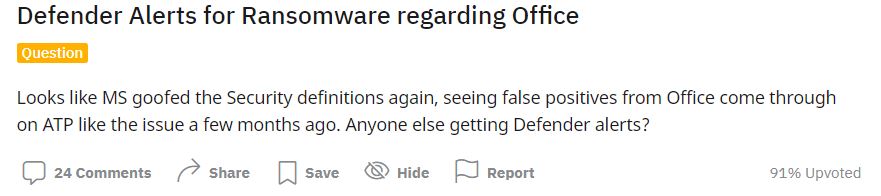 Microsoft Defender detecta atualização do Office como atividade de ransomware