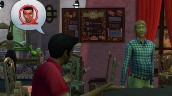 Cena do update do jogo The Sims 4: Histórias da Vizinhança, onde dois Sims estão interagindo
