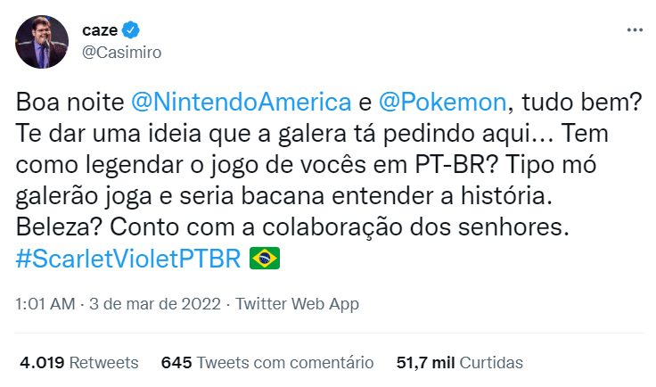 Tweet Casimiro sobre Pokémon