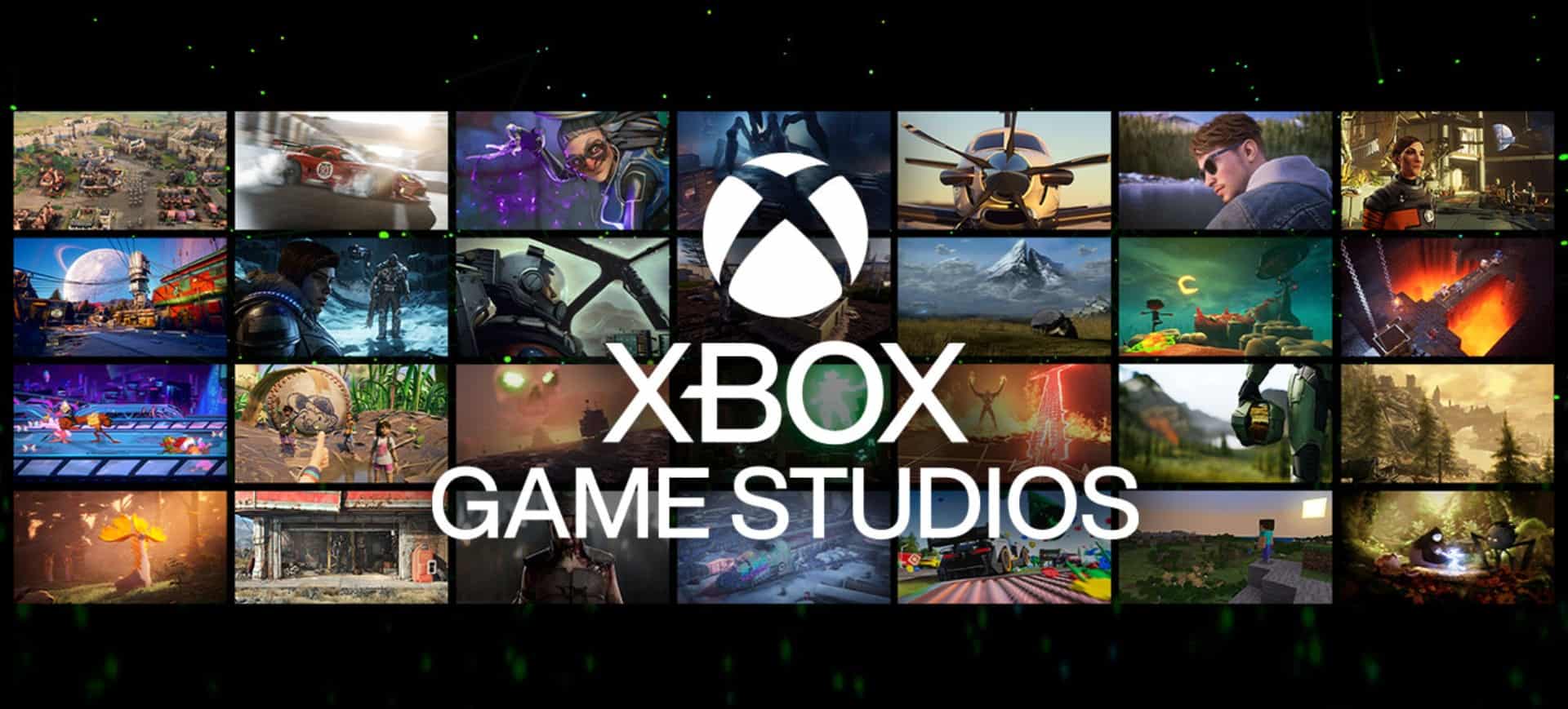 À frente dá para ler o texto Xbox Game Studios, ao lado do logo do Xbox, ao fundo há quadrados alinhados com diferentes cenas de jogos para Xbox