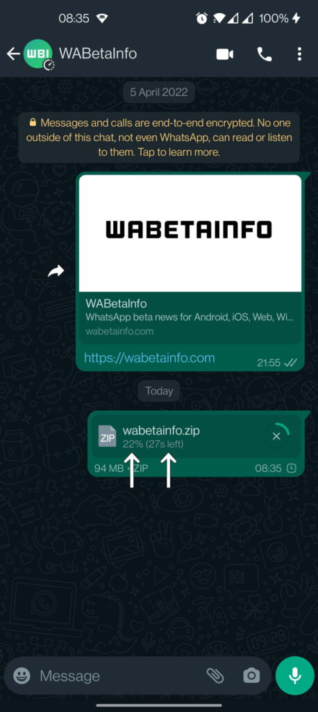 Tempo estimado para download - WhatsApp Beta