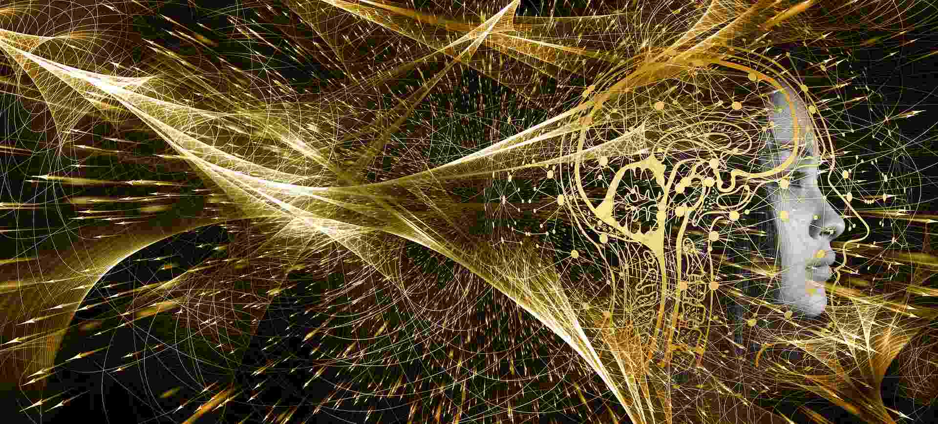 Imagem mostra um rosto humano e, dele, aparece um cérebro e alguns fios representando os neurochips que podem trazer eficiência para a computação