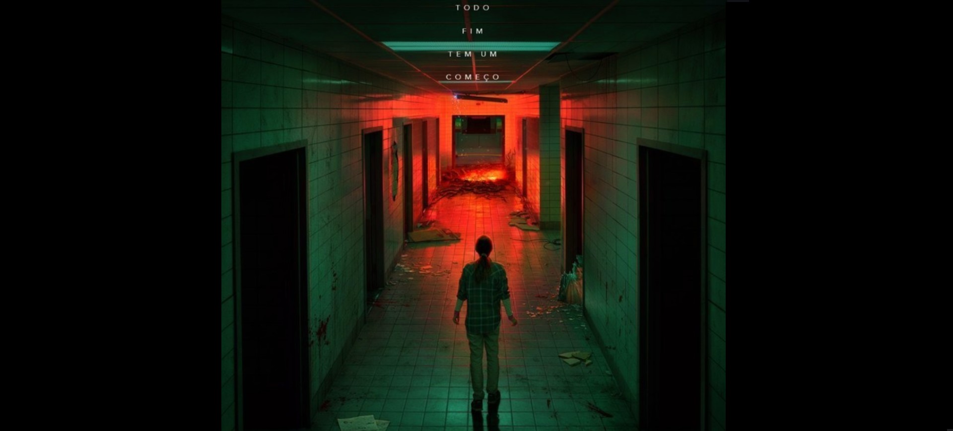 Imagem mostra a personagem de Sadie Sink, Max, em Stranger Things, em um porter da temporada 4 da série: ela está em um corredor escuro e, ao fundo, dá para ver uma iluminação vermelha e algo parecido com uma lava saindo do chão. No topo, o texto 