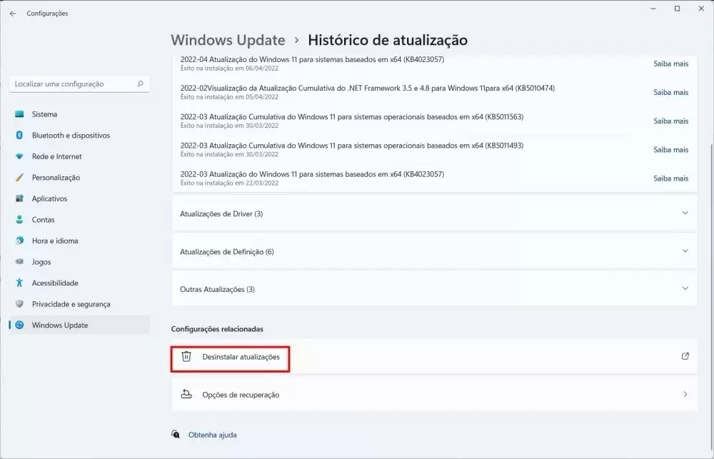 Como remover uma atualização do Windows 11 - Passo 3