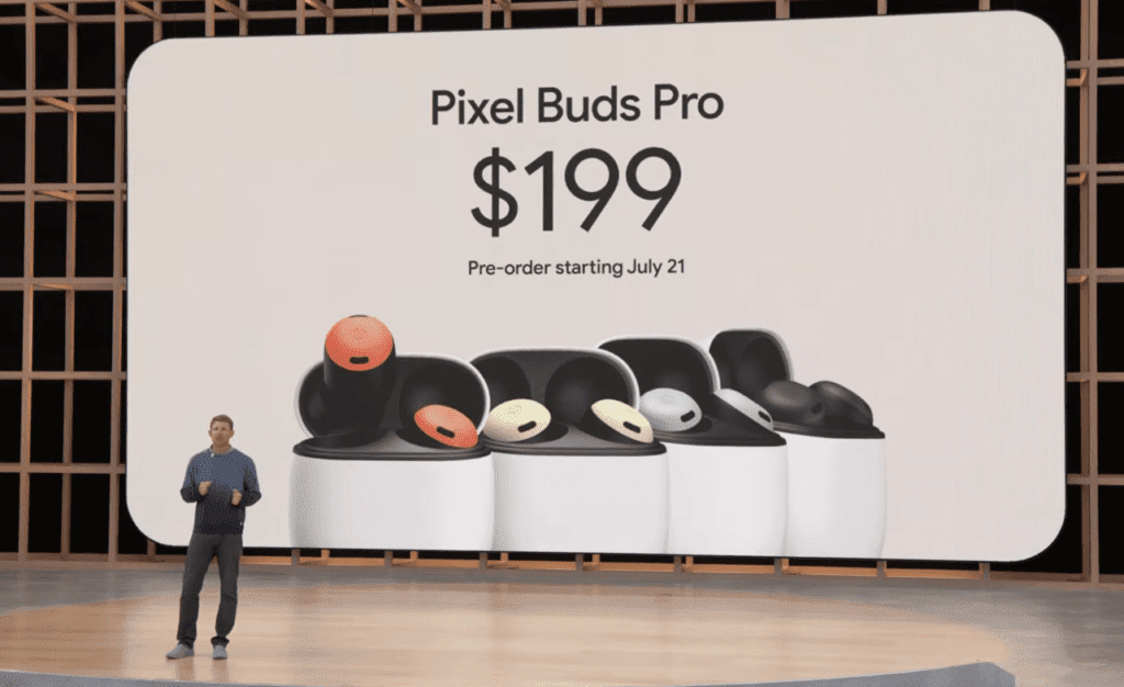 No palco do Google I/O, a tela mostra os fones de ouvido Pixel Buds Pro em quatro cores distintas, bem como o preço US$ 199