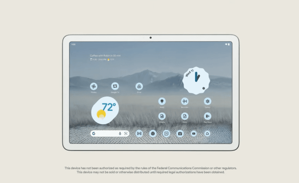 No palco do Google I/O, a tela mostra uma ilustração do que será o tablet Pixel Tablet