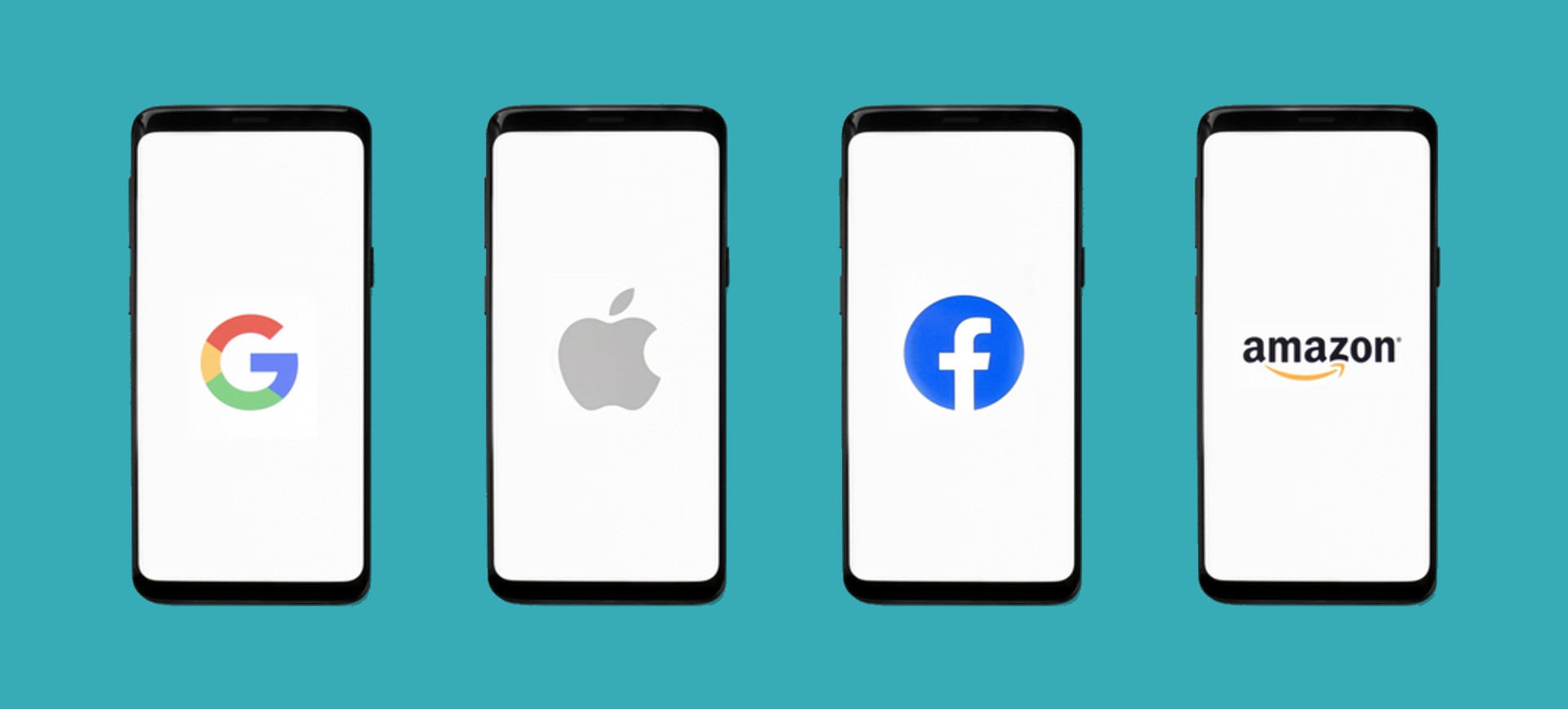 Imagens de telas de quatro celulares colocados um ao lado do outro, cada um com o logotipo de uma empresa de TI, da esquerda para a direita: Google, Apple, Facebook e Amazon, representando as Big Techs