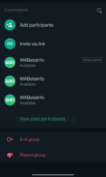 Captura de tela mostra um novo recurso do WhatsApp, que deve liberar uma lista de ex-membros de chats