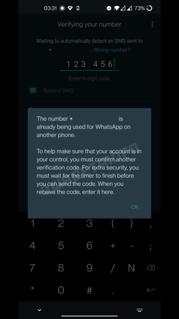 WhatsApp - dois códigos de verificação