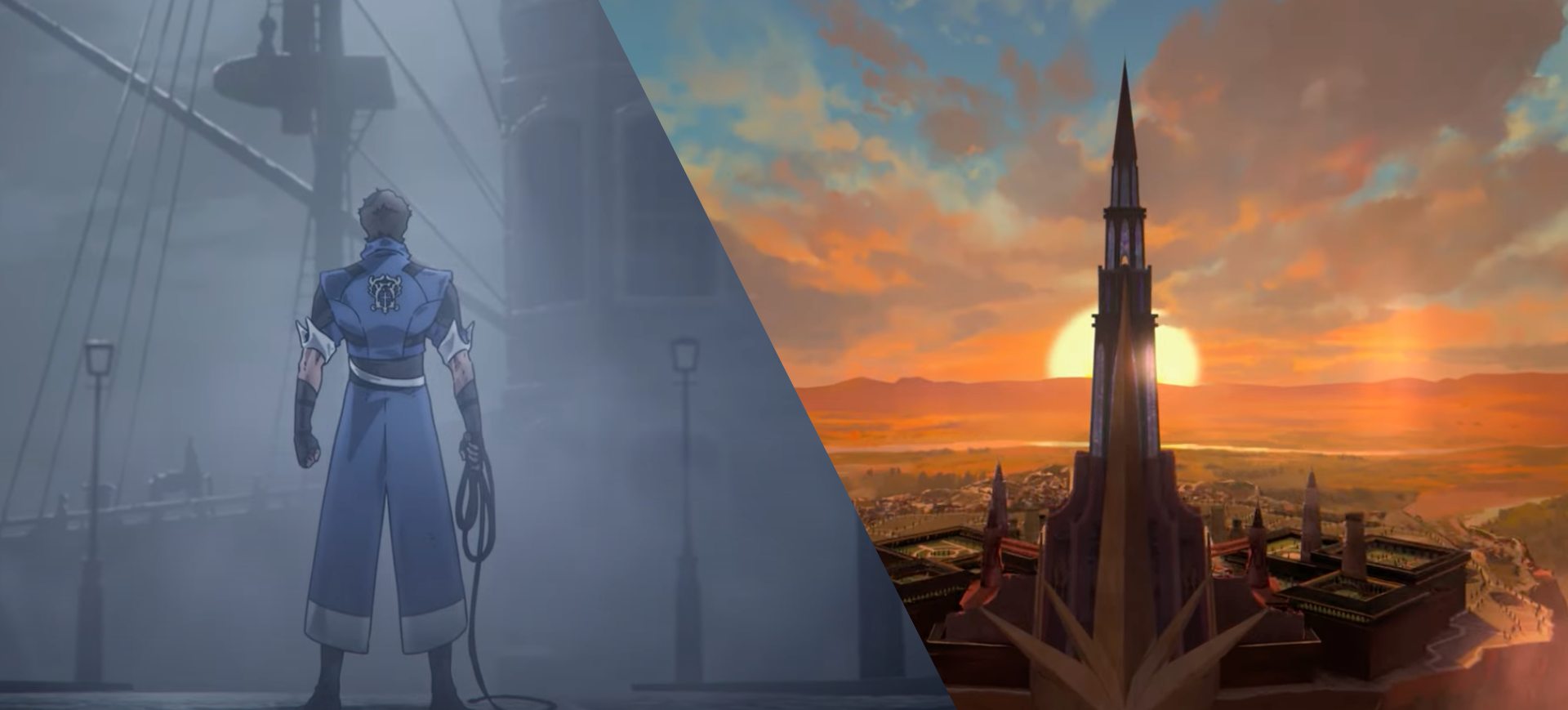 Captura de tela para as novas séries animadas da Netflix baseadas em games: à esquerda aparece um personagem de Castlevania; à direita um pôr-do-sol em uma paisagem de Dragon Age