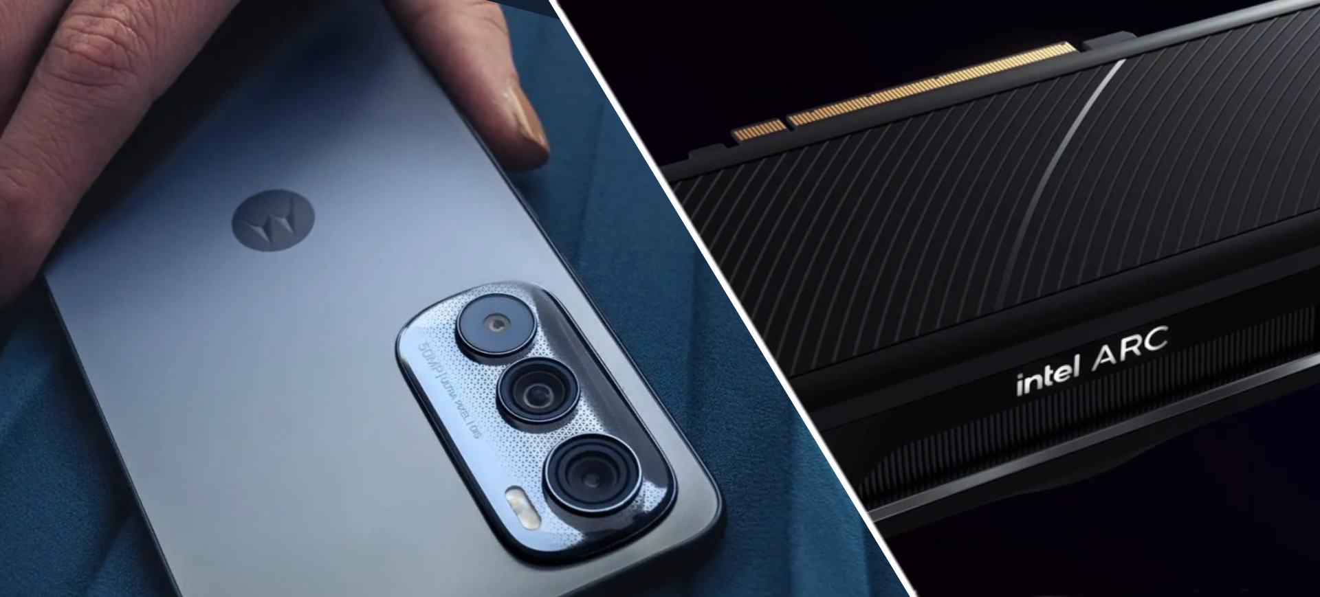 Montagem com duas imagens que representa os destaques da semana, uma ao lado da outra: à esquerda o novo Moto Edge 30 da Motorola; à direita uma placa de vídeo Intel ARC