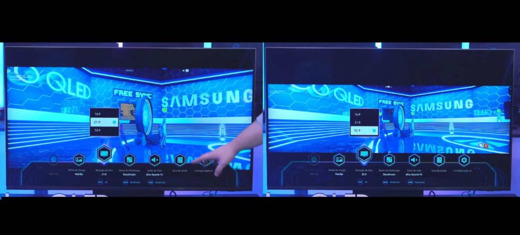 Imagem mostra um comparativo entre as resoluções possíveis da televisão Samsung, modelo NEO QLED QN90: à esquerda, a resolução 21:9 e à direita, a resolução 32:9 (ultrawide)