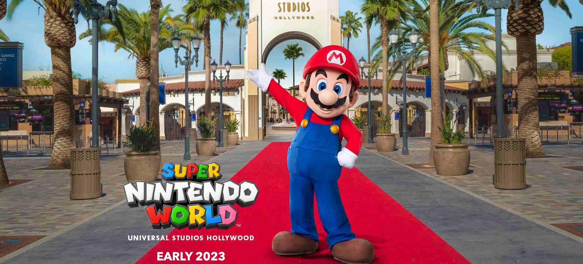 Imagem de divulgação do parque temático da Disney baseado no universo da Nintendo: o Super Nintendo World; na imagem está a entrada do Universal Studios e, à frente, uma imagem do personagem Mario