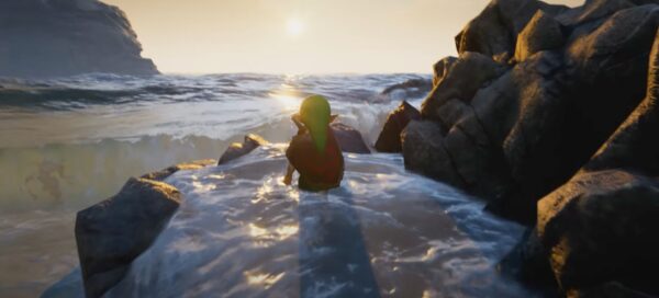 Captura de tela de um projeto de desenvolvedor independente, fã de Zelda, feito em Unreal Engine 5, para criar uma nova simulação de água para o game Ocarina of Time