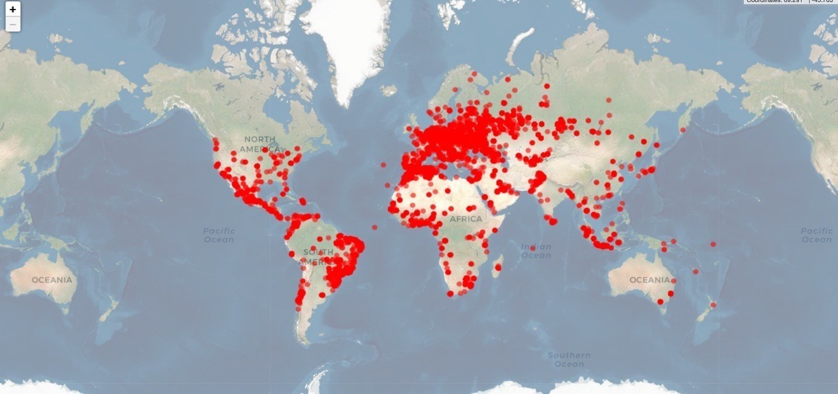 mapa mostra rastreador GPS com falha em todo o mundo