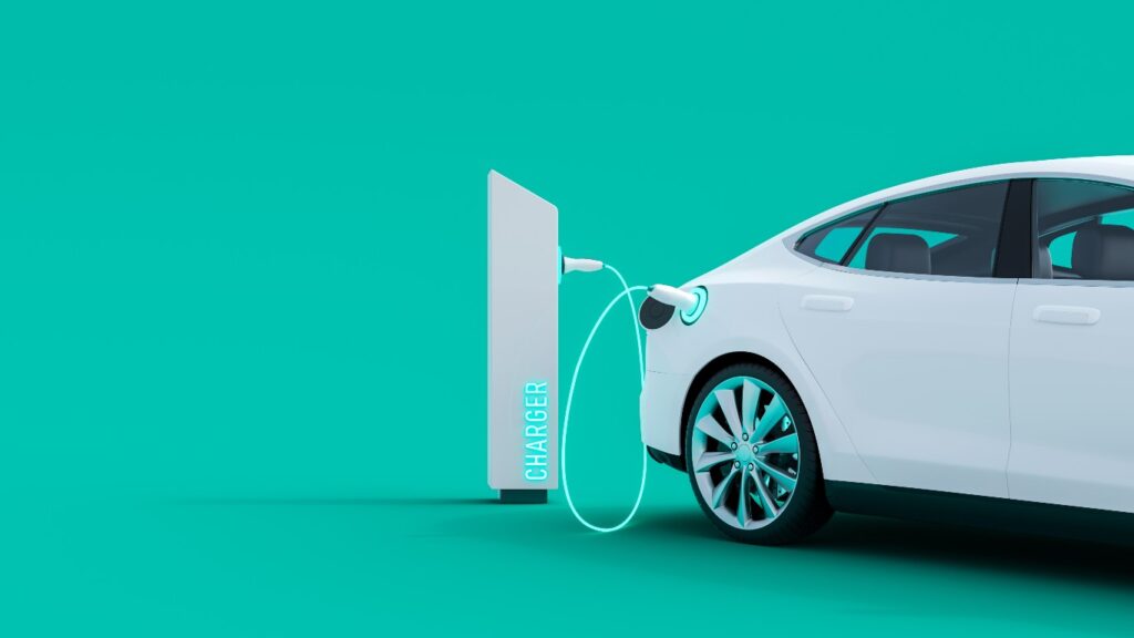 Conceito de carros elétricos: imagem mostra o desenho da traseira de um carro branco, estacionado ao lado de um carregador elétrico para abastecer