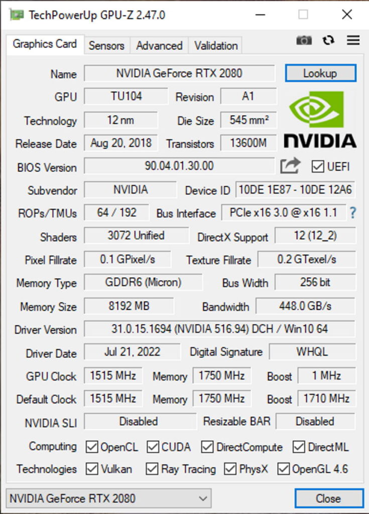 Como a GTX 2080 aparece no GPU-Z