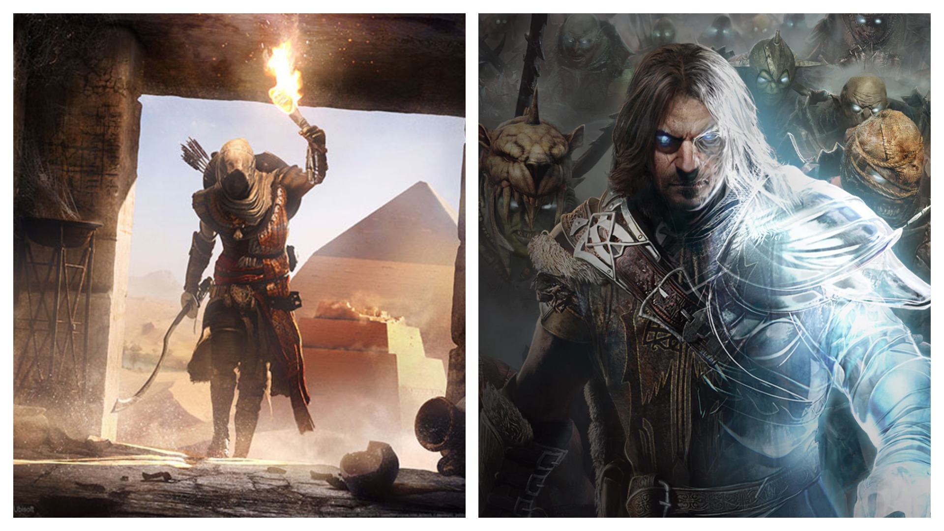 Imagem mostra pôsteres de Assassin's Creed Origins e Middle-earth: Shadow of Mordor, dois dos jogos supostamente gratuitos em setembro pela plataforma Prime Gaming da Amazon