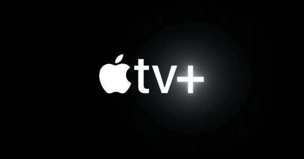 Logomarca da Apple TV+ é exibida em um fundo preto com letreiro prateado brilhante